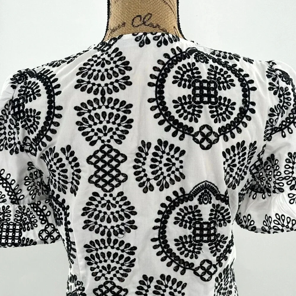 Zara Top Womens Small S‎ Embroidered Black Puff Flare Short Sleeve Blouse Boho